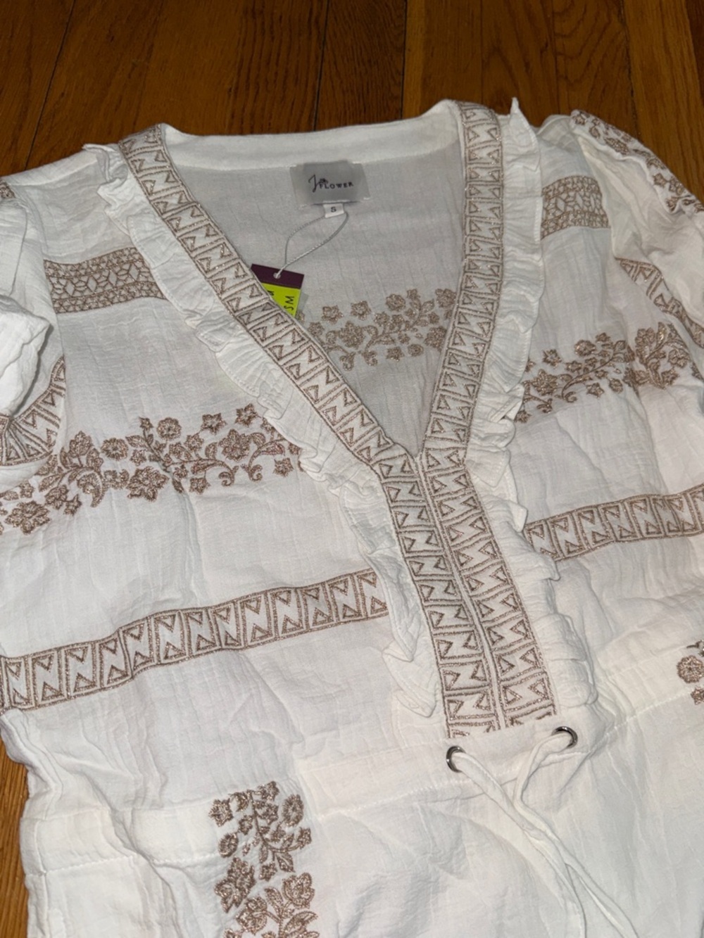 NWT JoFLOWER boutique bohemian cottagecore cream embroidered gold floral maxi S - Picture 2 of 6